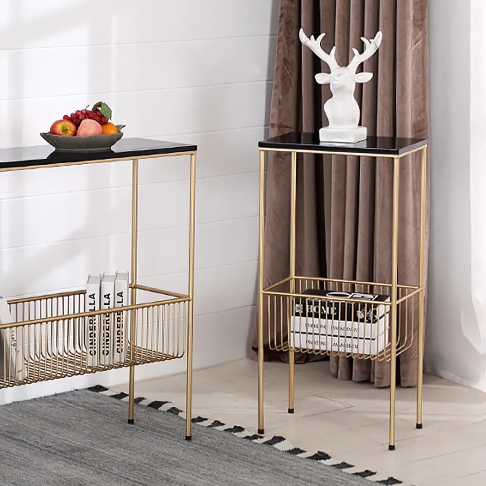 Black Rectangular End Table for Living Room with Shelf in Gold window image