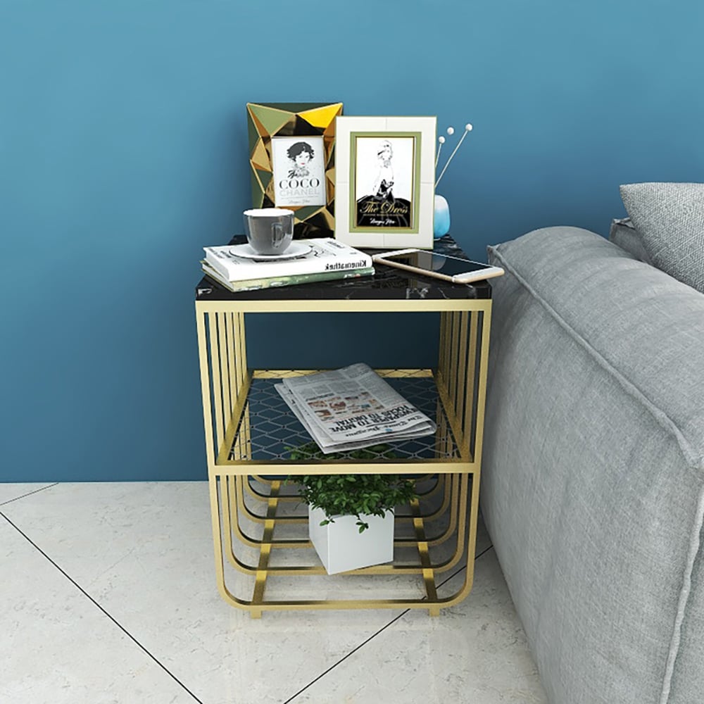 Square Marble Side Table with Storage End Table with Metal Shelf in Black window image