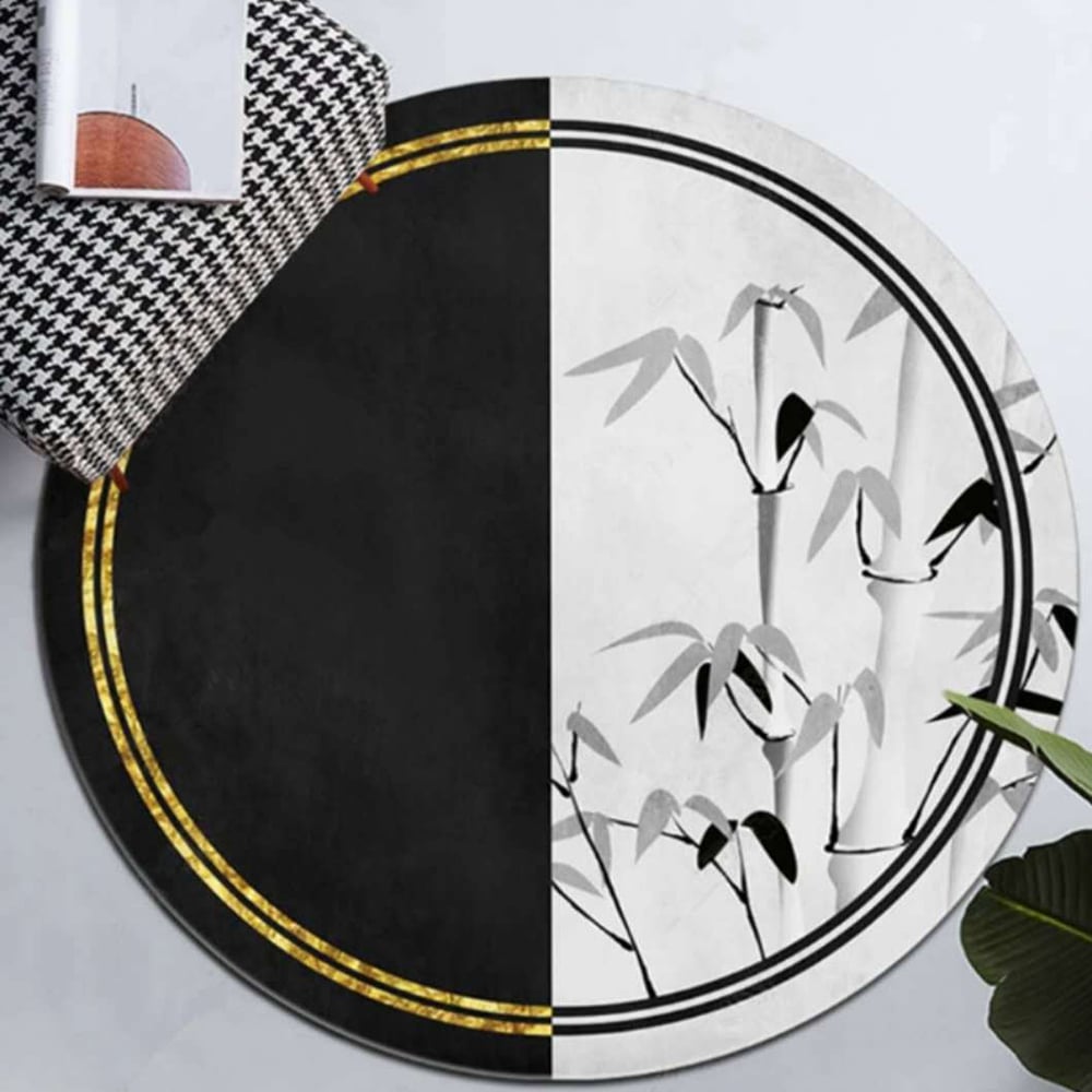 Unique Round Indoor Aera Rug 4' White Black and Gold window image