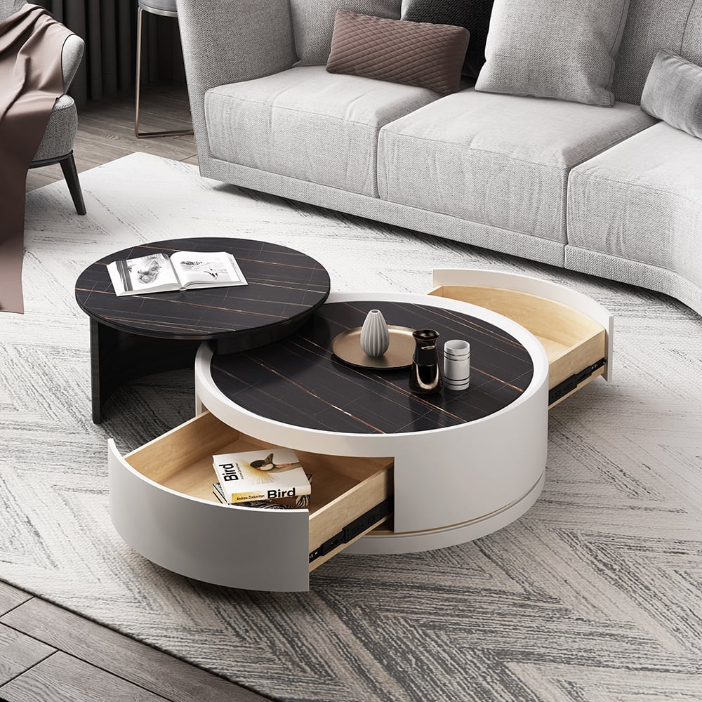 White Modern Nesting Coffee Table Set with Drawer Sintered Stone Top｜Homary