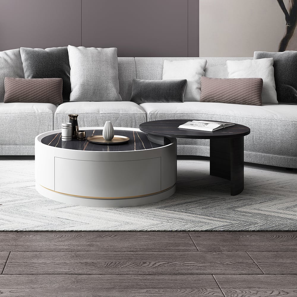 White Modern Nesting Coffee Table Set with Drawer Sintered Stone Top｜Homary