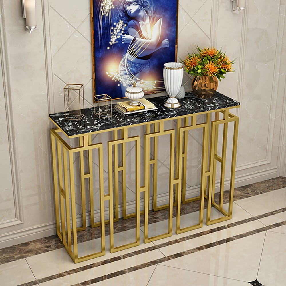 Black Narrow Console Table with Marble Top & Metal Frame window image