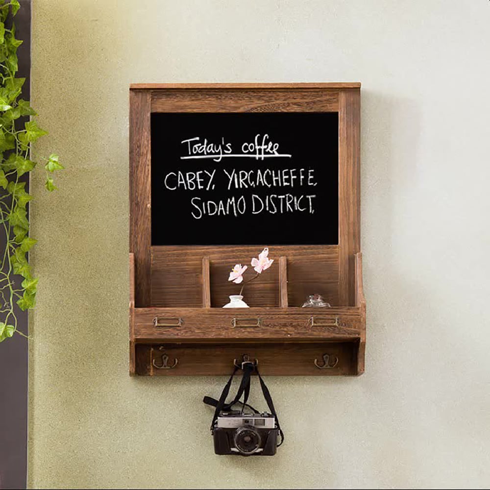 Retro Wooden Wall Organiser Memo Board with Hooks window image