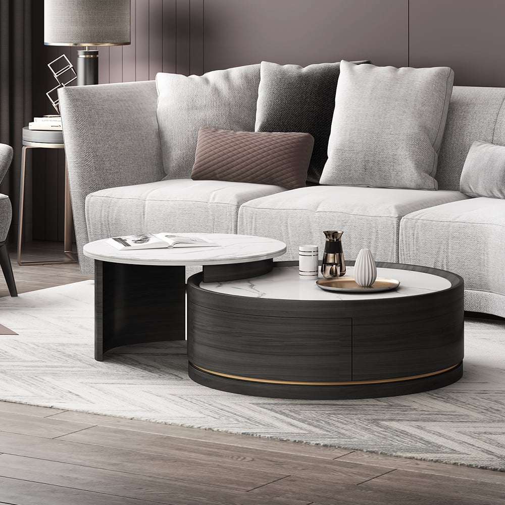 Black Modern Nesting Coffee Table Set with Drawer Sintered Stone Top window image