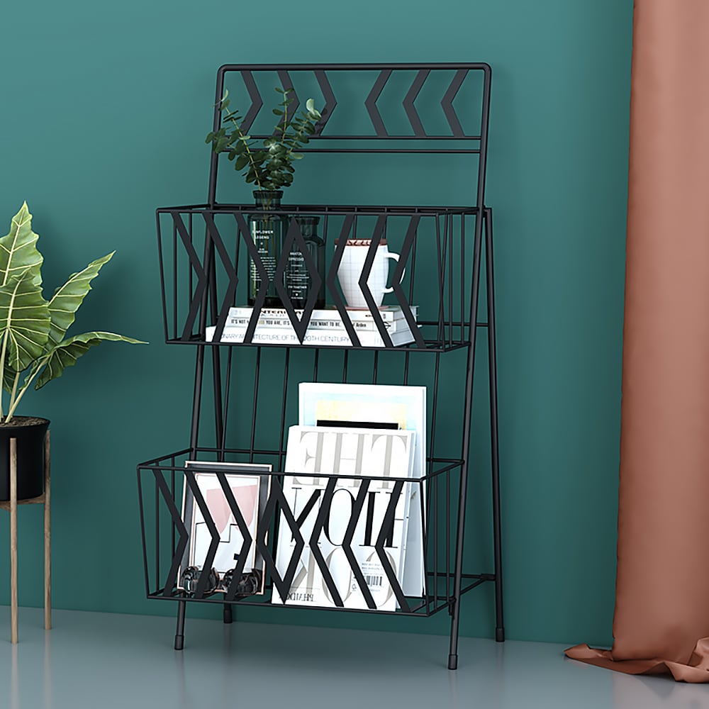 Two Tier Magazine Rack Black 2-Tier Shelf Metal Magazine Rack | Homary