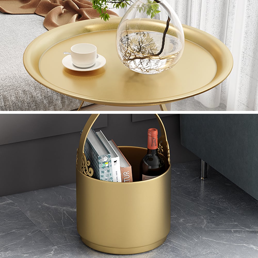 Modern Round End Table with Storage in Metal Side Table in Gold window image