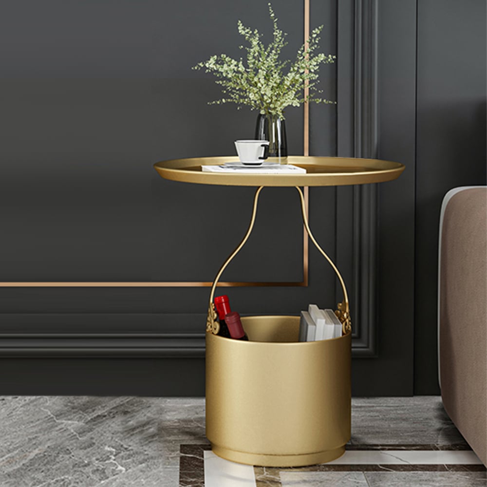 Modern Round End Table with Storage in Metal Side Table in Gold window image