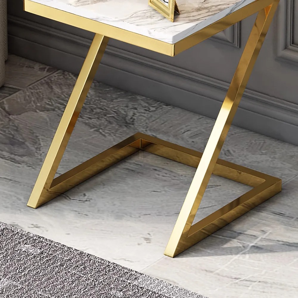 White Modern Z-Shaped End Table Marble Top Metal window image