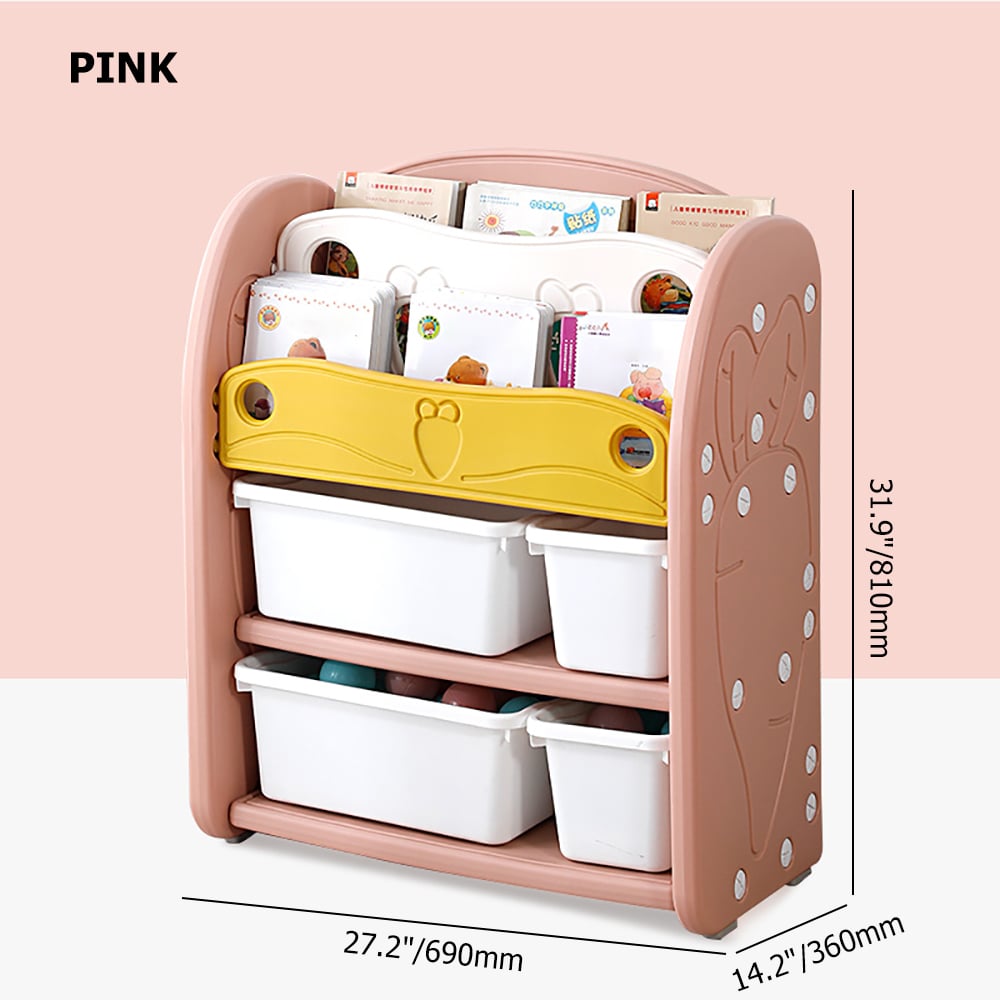 Pink Cute Carrot Multipurpose Kids' Standing Bookcase with Toy Organiser Basket window image
