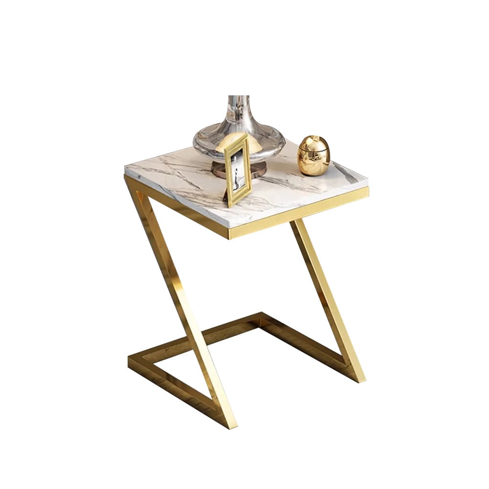 White Modern Z-Shaped End Table Marble Top Metal window image
