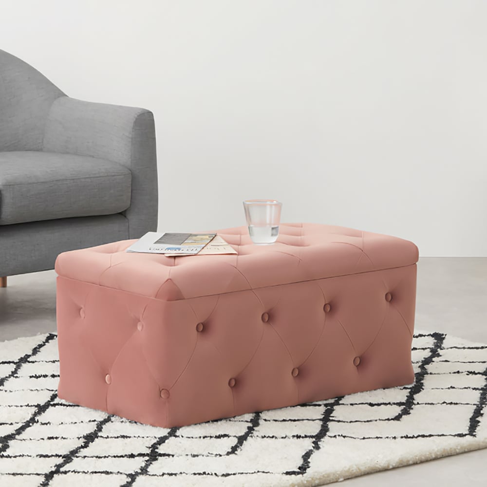Pink Tufted Ottoman Stool Velvet Upholstered Ottoman Storage Bench window image