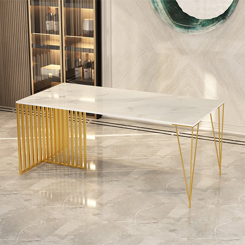 55.1"Modern Dining Table with Sintered Stone Top & Metal Frame in White window image