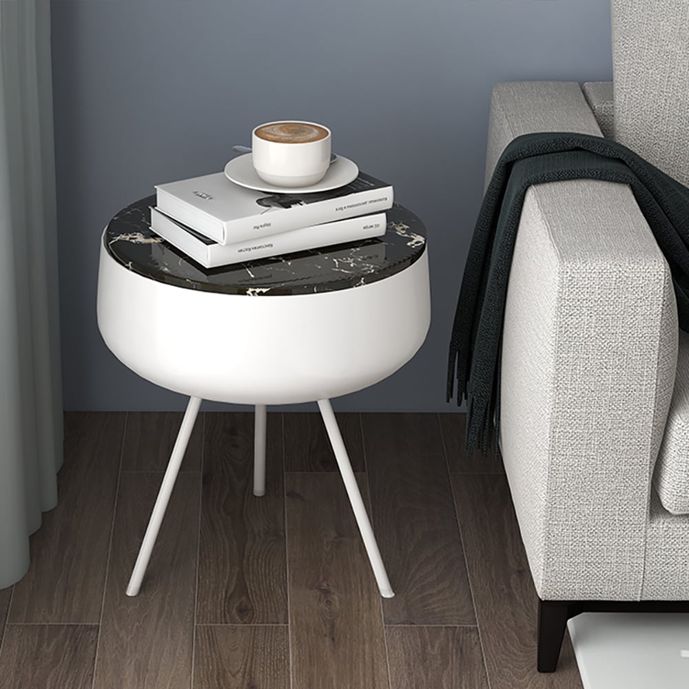 Modern Side Table with Storage MDF Top & Metal Frame in White｜Homary