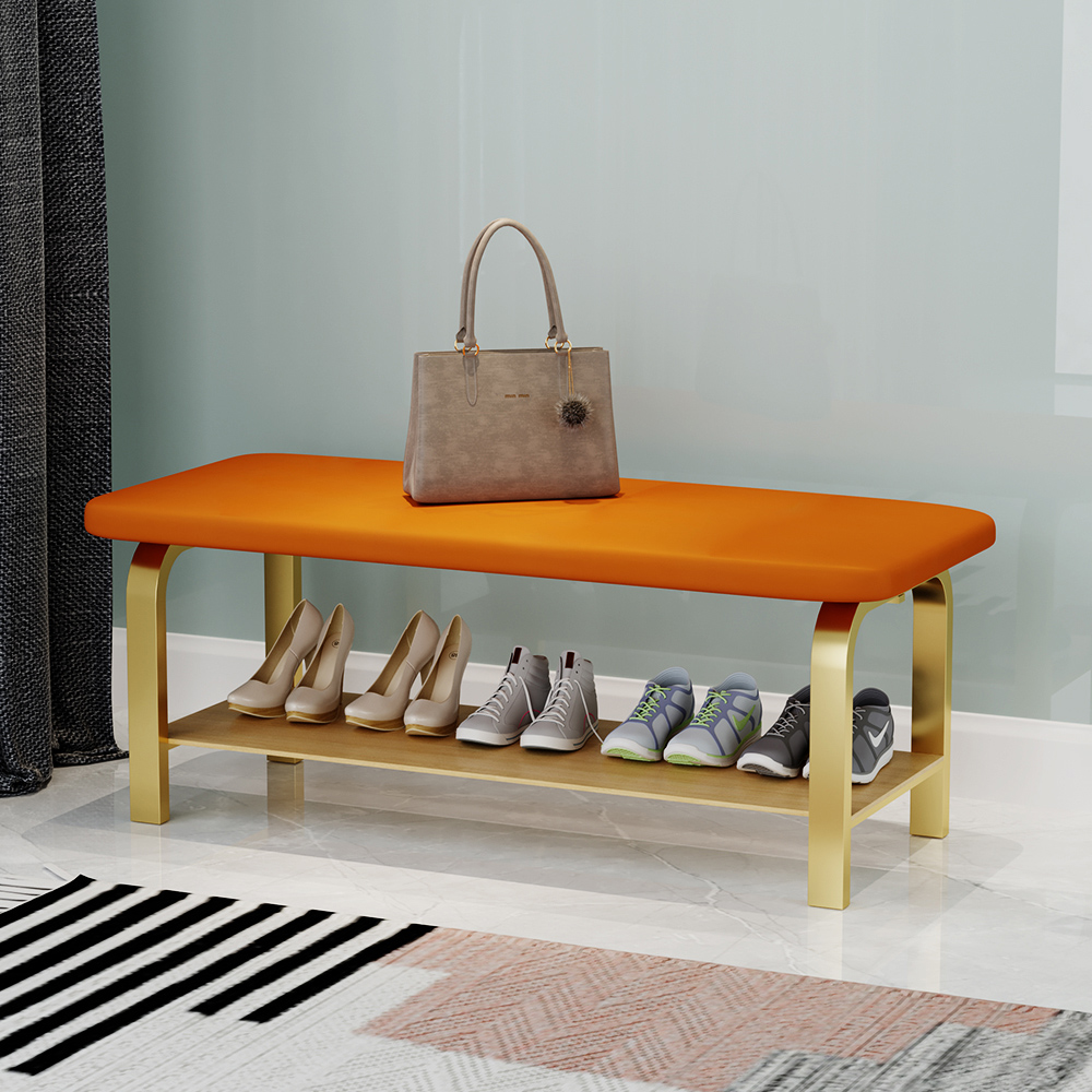 Modern Leather Upholstered Entryway Bench with Shoe Rack window image