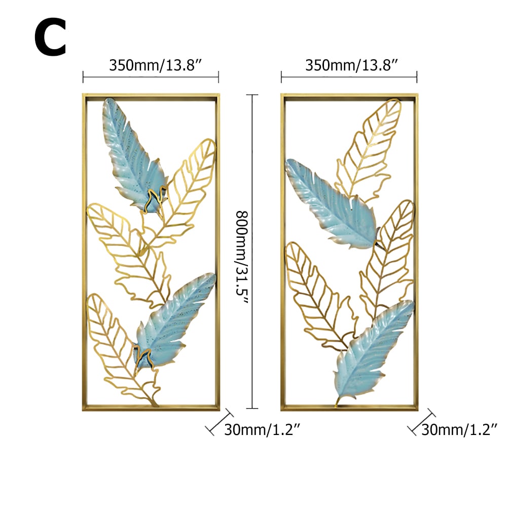 Contracted Fashion Style Creative Feathers Metal Wall Decor with Golden Frame window image
