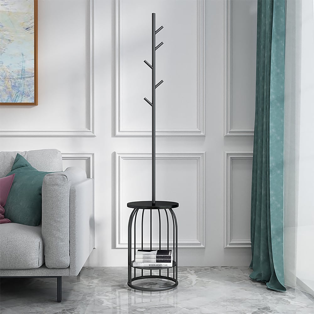 69" Black Freestanding Coat Rack with Storage Shelf Branch-Shaped Metal & Marble window image