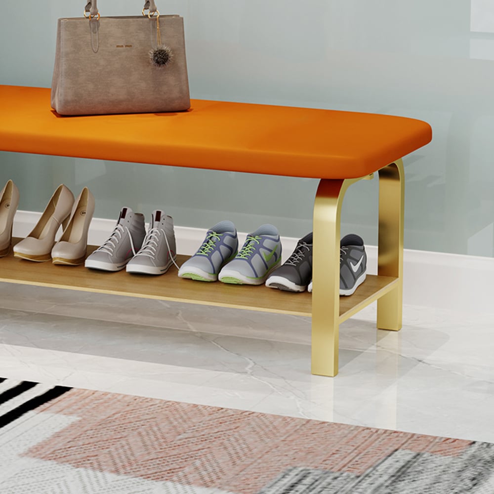 Modern Leather Upholstered Entryway Bench with Shoe Rack window image