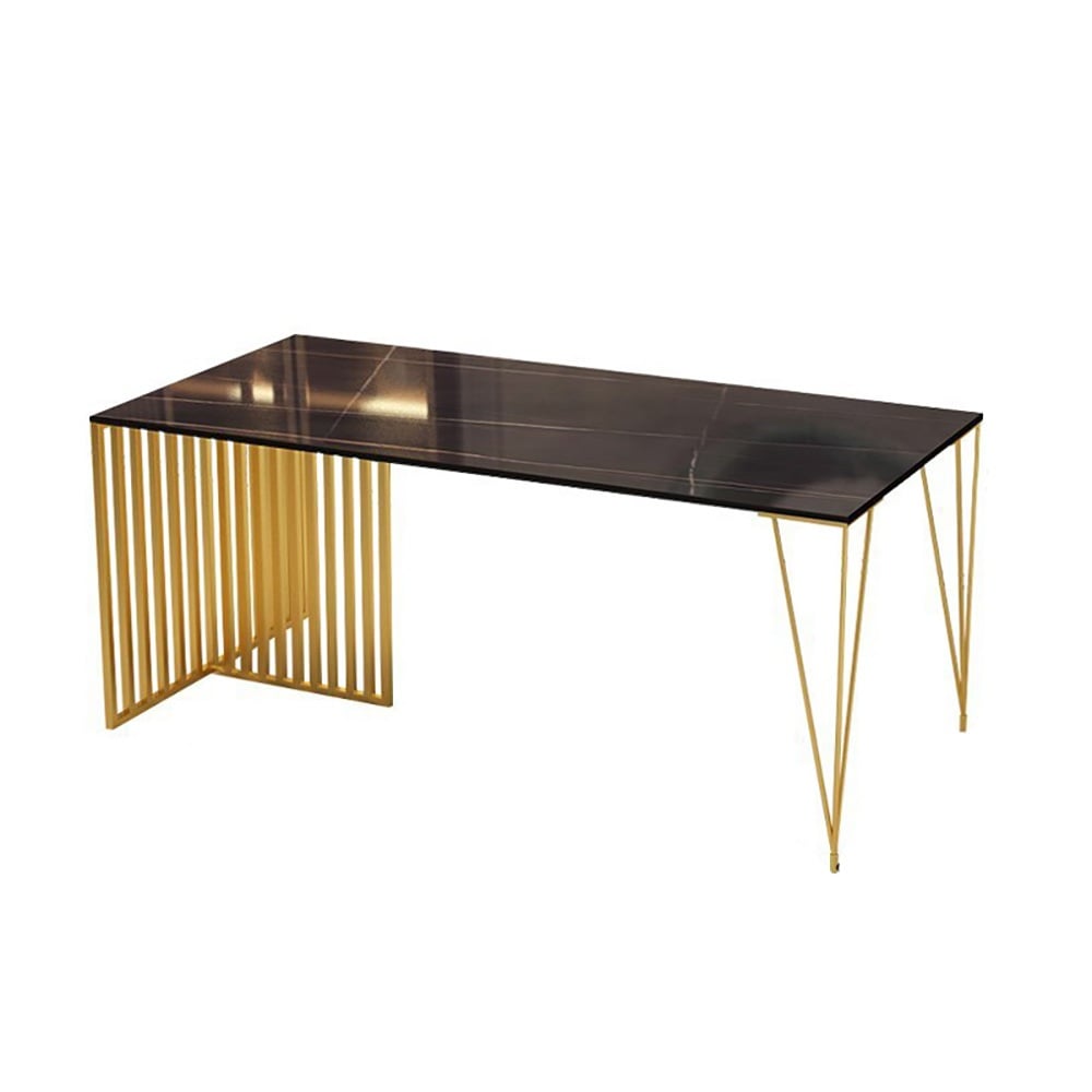 Mesa de comedor moderna de 55.1" con tapa de piedra sinterizada y marco de metal en negro Imagen de ventana