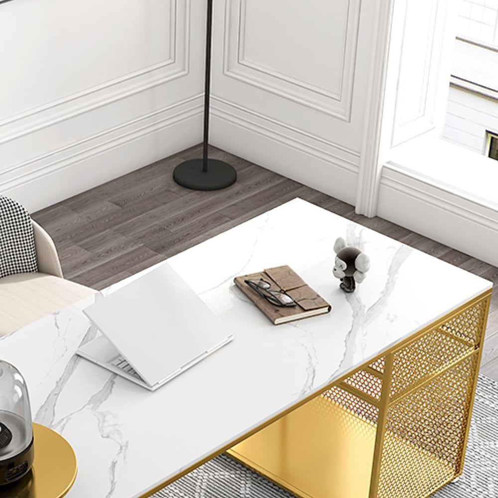 White Modern Office Desk with Storage Sintered Stone Top & Metal Frame window image