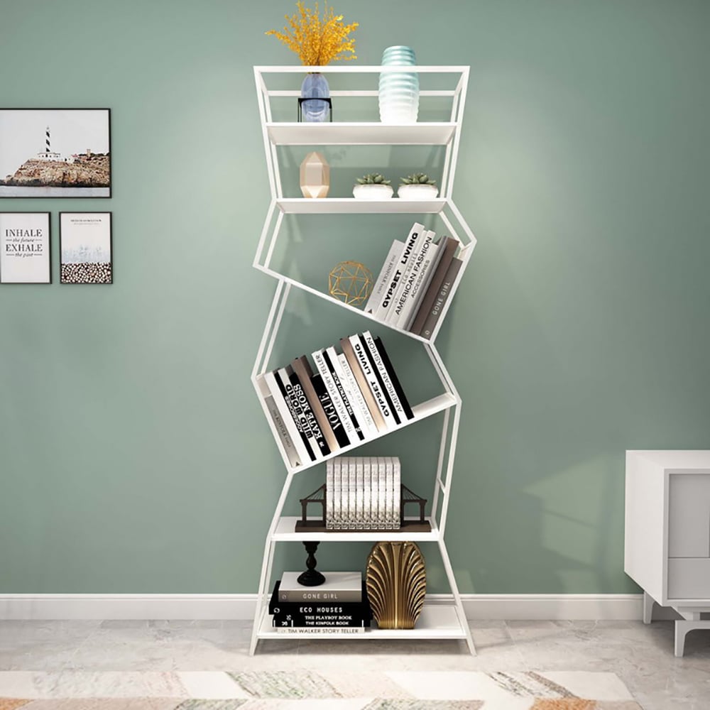 Modern Asymmetric Etagere Bookshelf Metal Standing Shelf in White window image