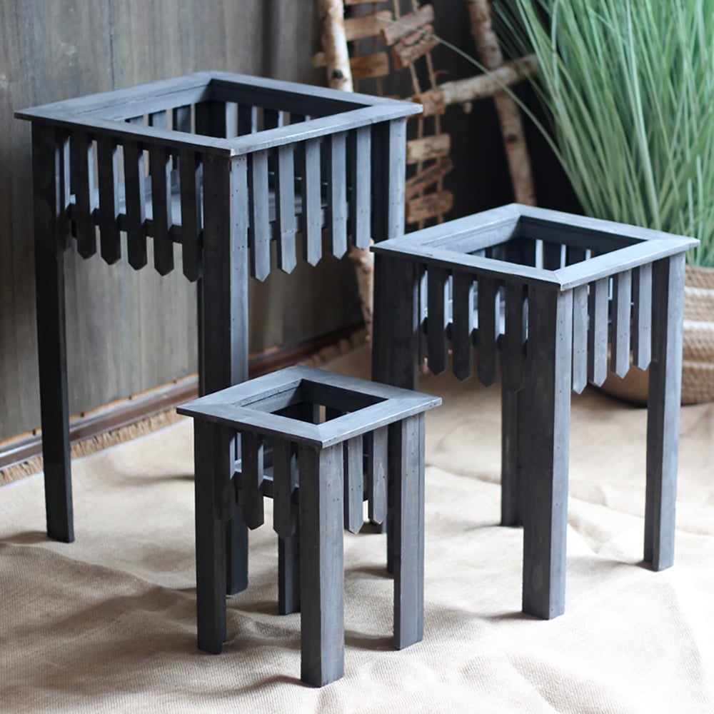 Rustic Wooden Square Plant Stand Freestanding Stand Set of 3 window image