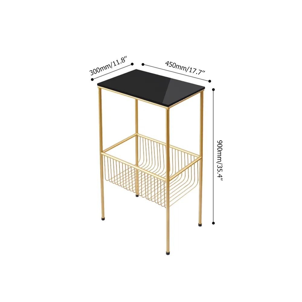 Black Rectangular End Table for Living Room with Shelf in Gold window image