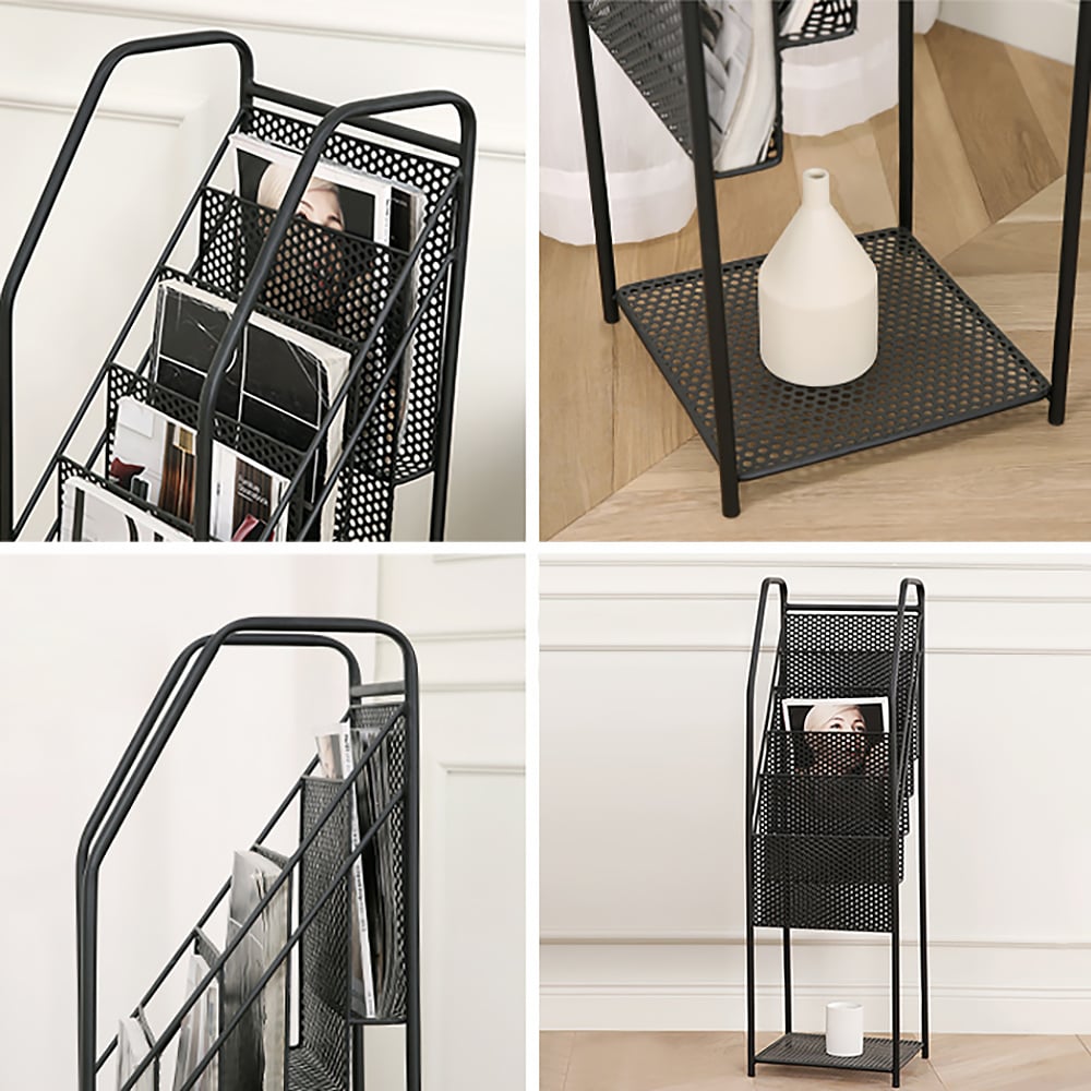 Tower Magazine Rack Mid-Century Rectangular 6-Tier Bookshelf Metal Black Bookcase window image