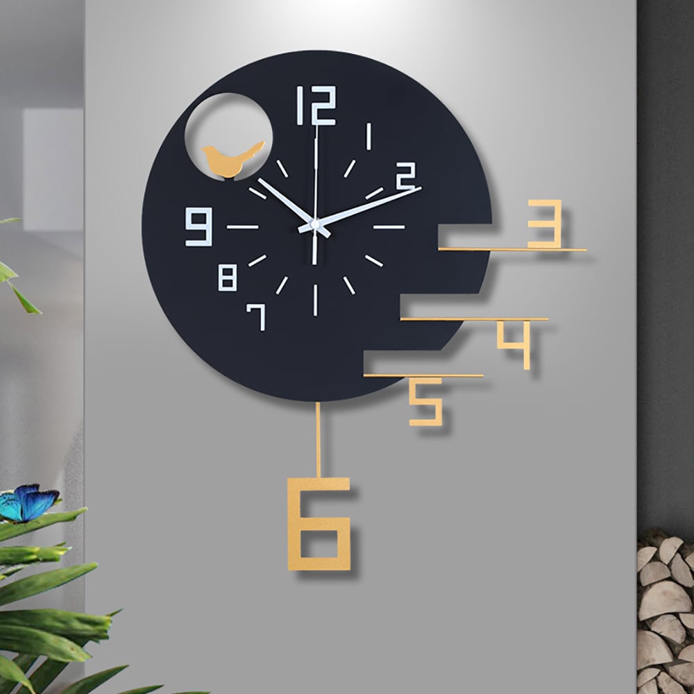 Creative Geometric Round Metal Wall Clock with Hollow-out Design Golden Pendulum window image