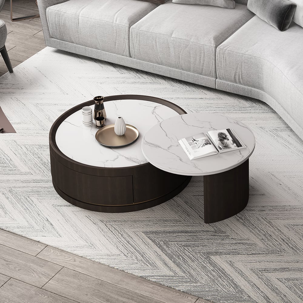 Black Modern Nesting Coffee Table Set with Drawer Sintered Stone Top window image