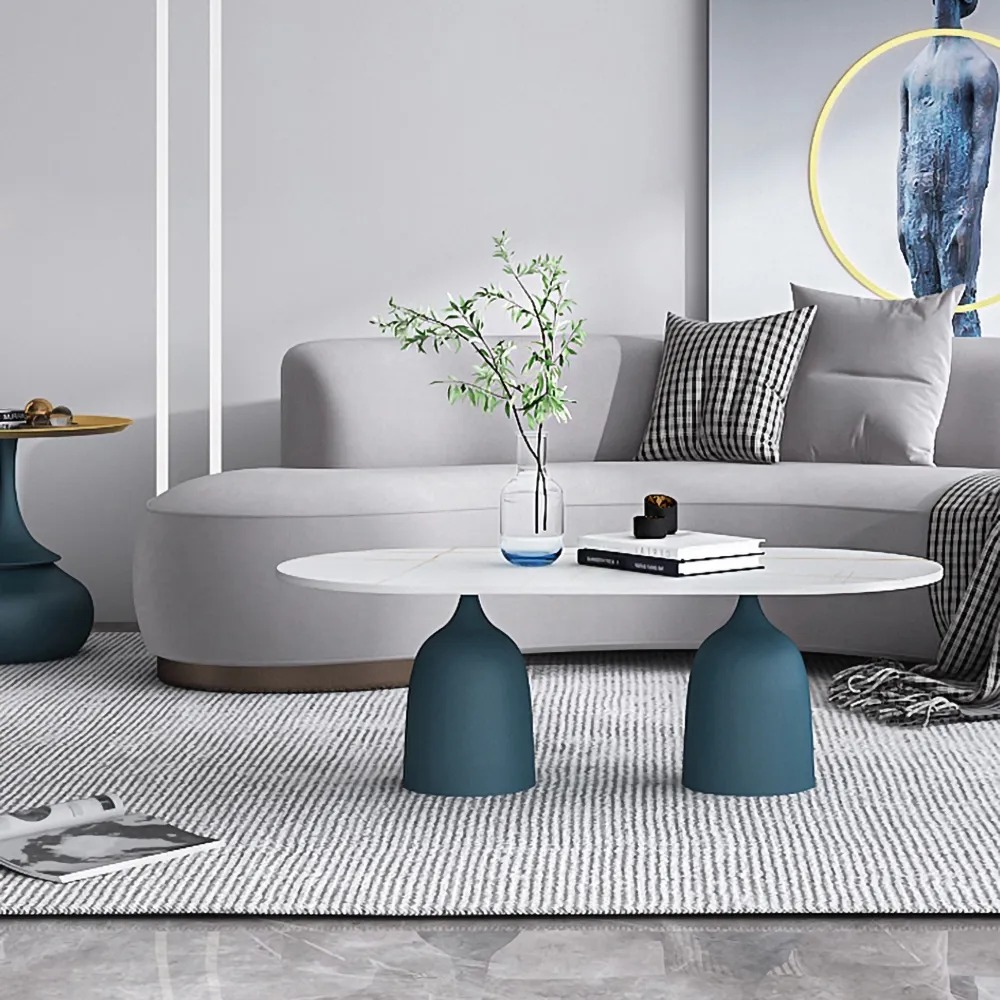 Modern Blue Oval Coffee Table with Marble Tabletop window image