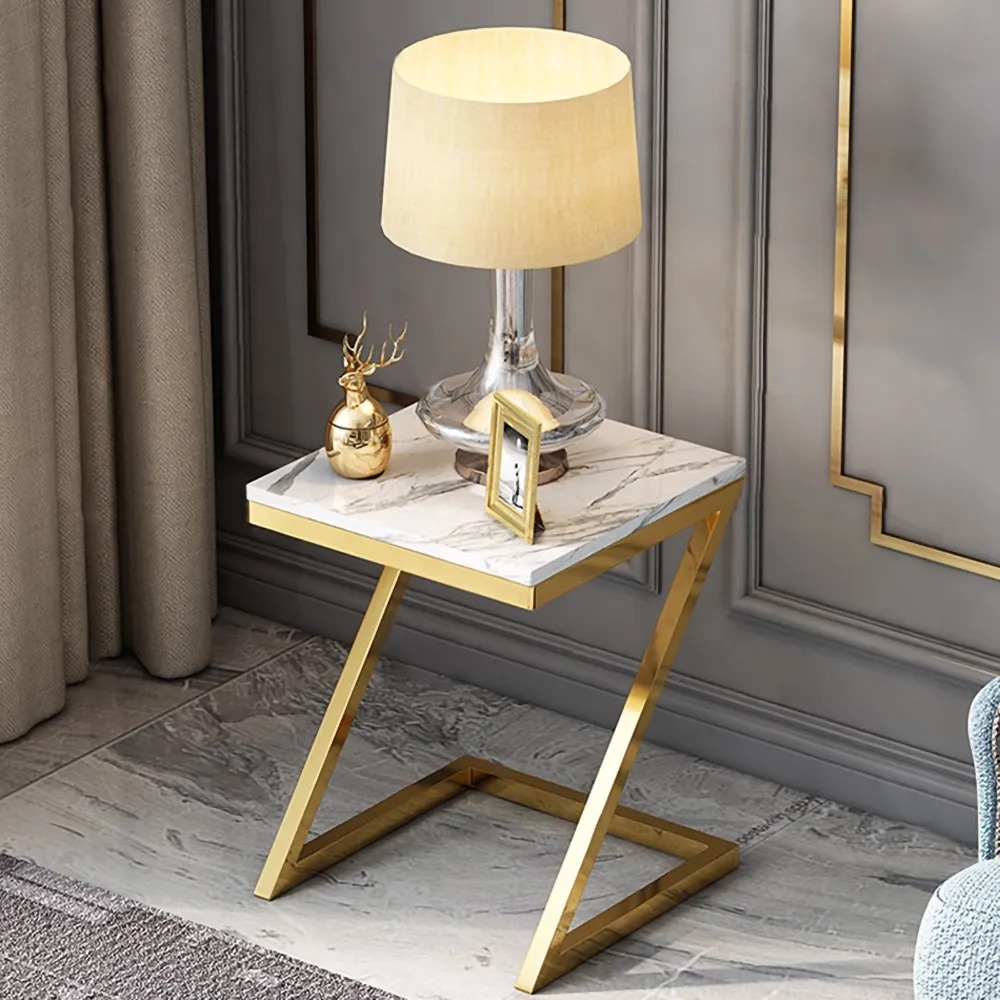 White Modern Z-Shaped End Table Marble Top Metal window image