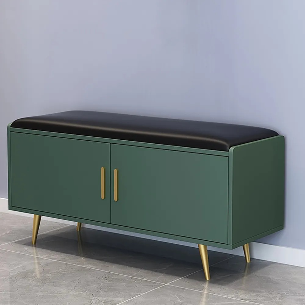 Retro Bench PU Leather Upholstered Shoe Rack with Door-Green window image
