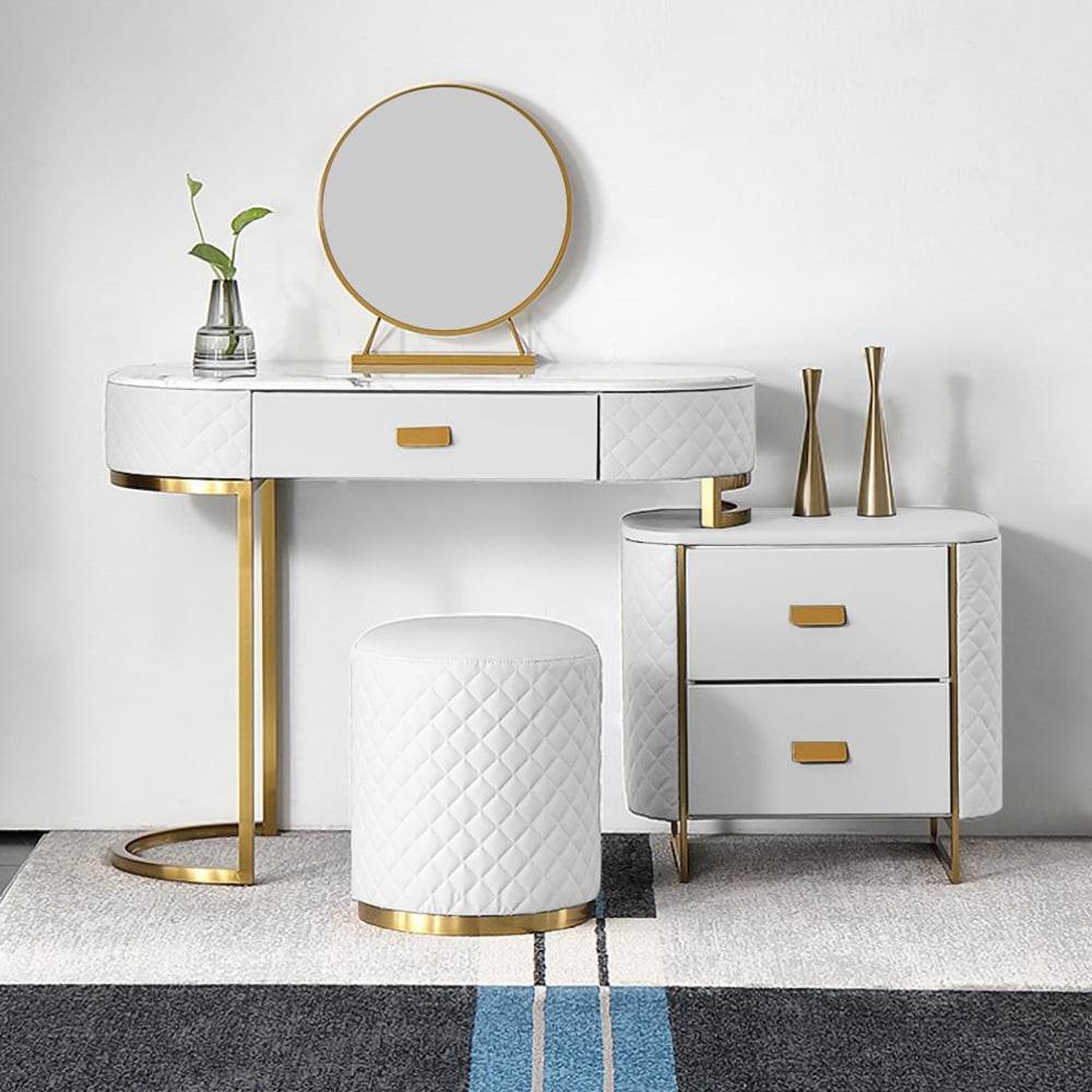 Tocador de maquillaje blanco ampliable con espejo de armario y taburete incluidos Imagen de ventana