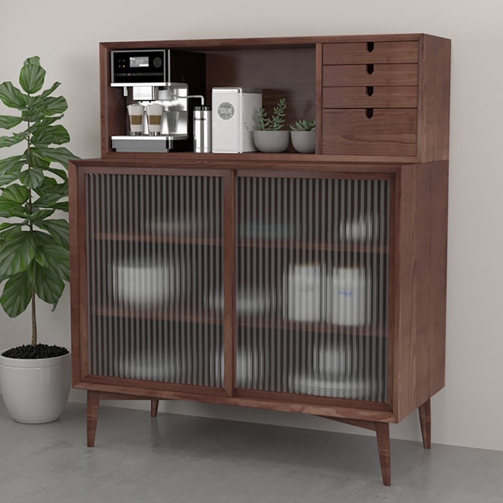 Mid-Century Modern Walnut Sideboard Buffet with Tempered Glass Doors & Drawers & Shelves window image