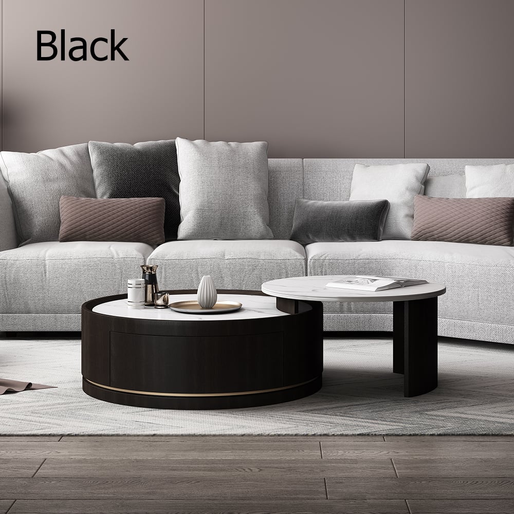 Black Modern Nesting Coffee Table Set with Drawer Sintered Stone Top window image