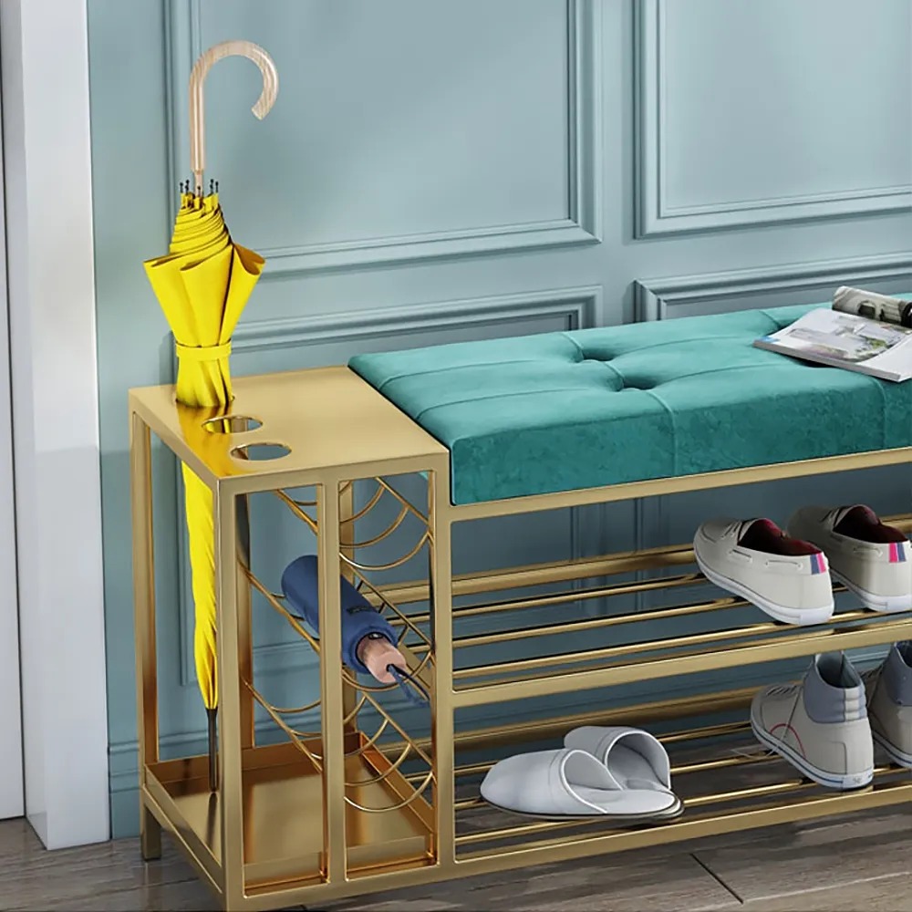 Entryway Foyer Shoe Storage Bench with Umbrella Stand Green Velvet Upholstery window image