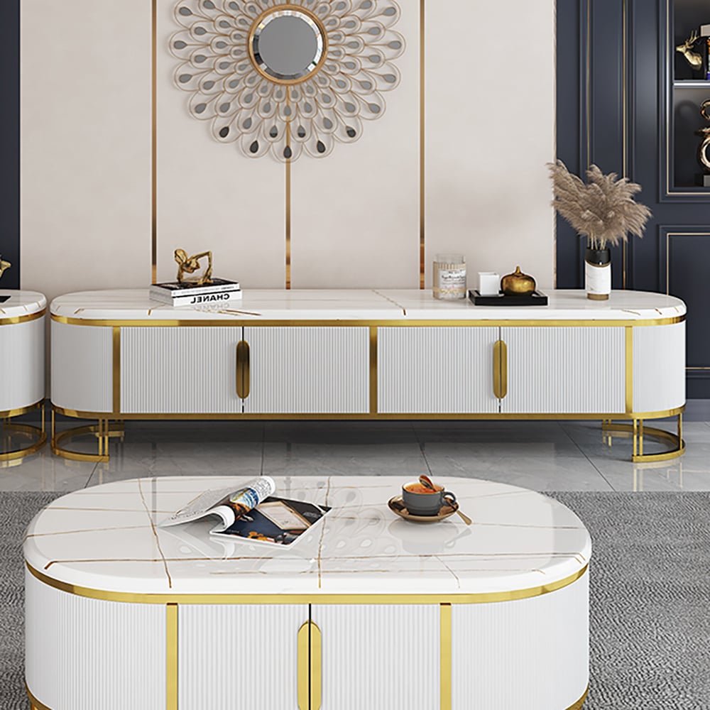 Modern White TV Stand Faux Marble Top 4-Door 2-Shelf Media Console Gold Finish in Small window image