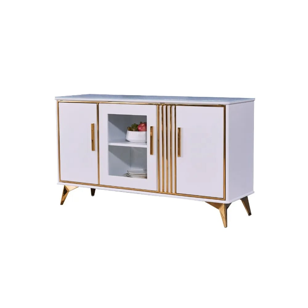 Contemporary White Sideboard Buffet Tempered Glass Top with Acrylic Doors & Shelves in Small window image