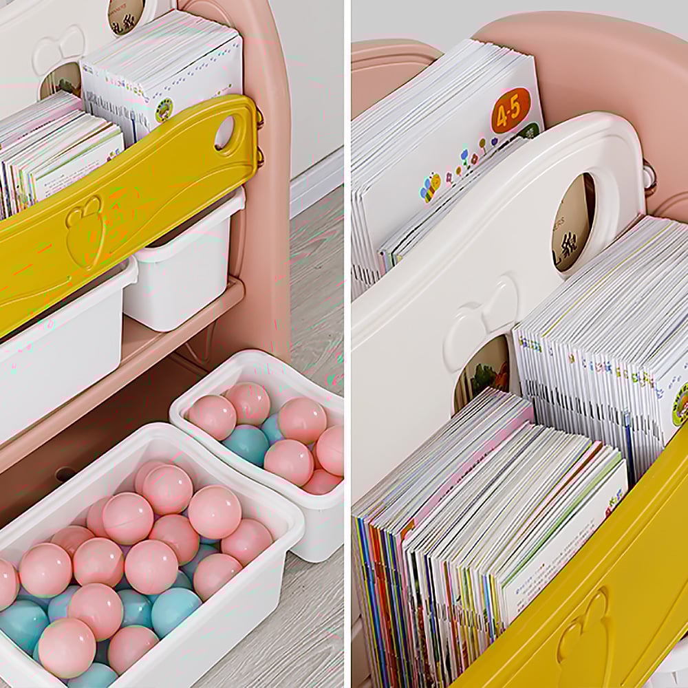 Pink Cute Carrot Multipurpose Kids' Standing Bookcase with Toy Organiser Basket window image