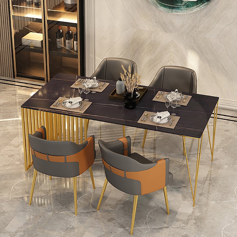 Mesa de comedor moderna de 55.1" con tapa de piedra sinterizada y marco de metal en negro Imagen de ventana