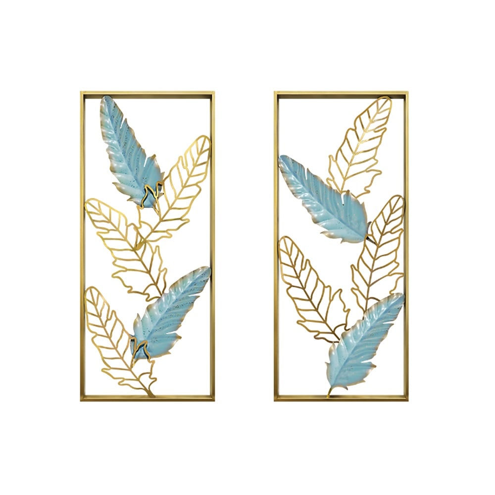 Contracted Fashion Style Creative Feathers Metal Wall Decor with Golden Frame window image