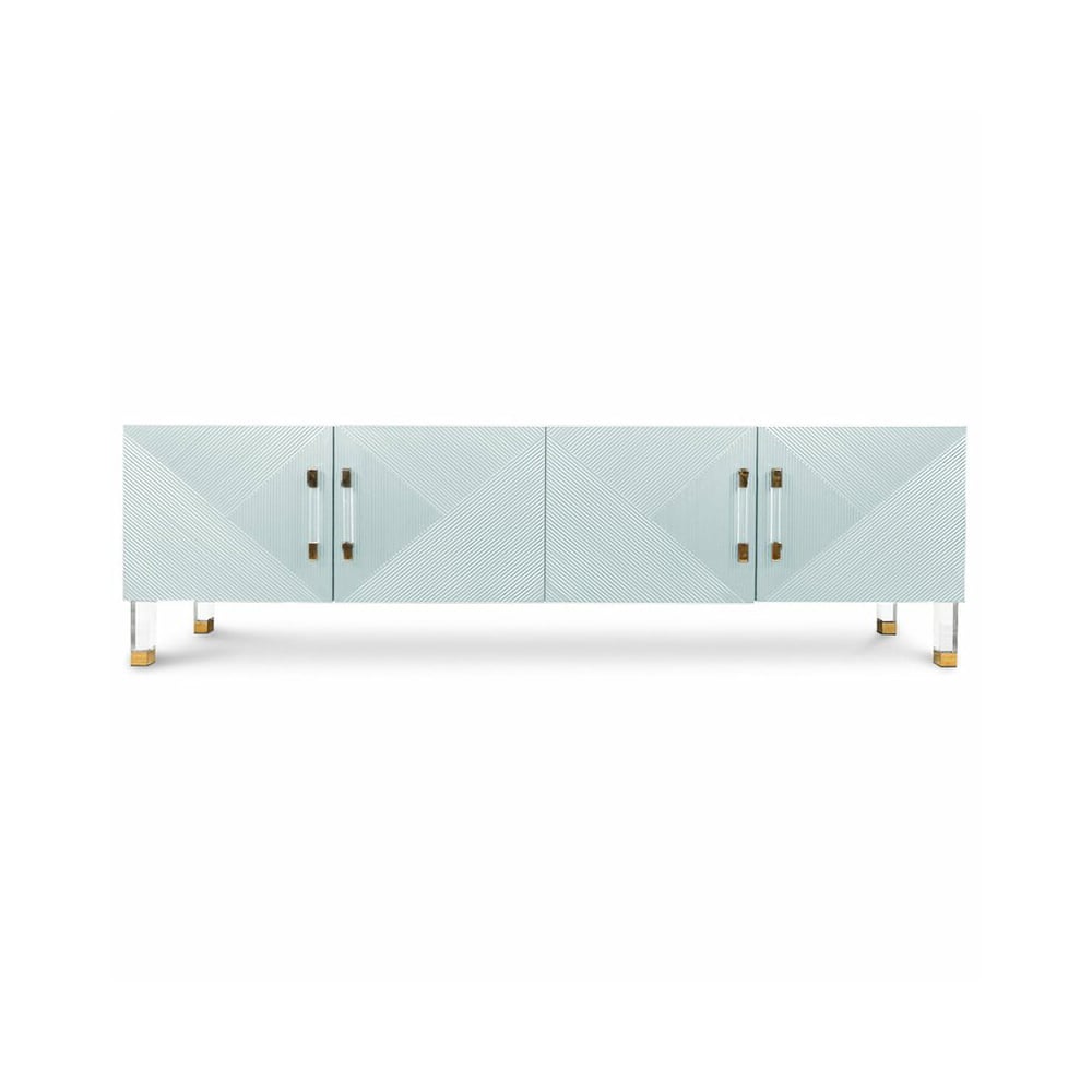 Modern Sky Blue Wood TV Stand with 4 Doors Acrylic Leg Media Console for 80" TVs window image