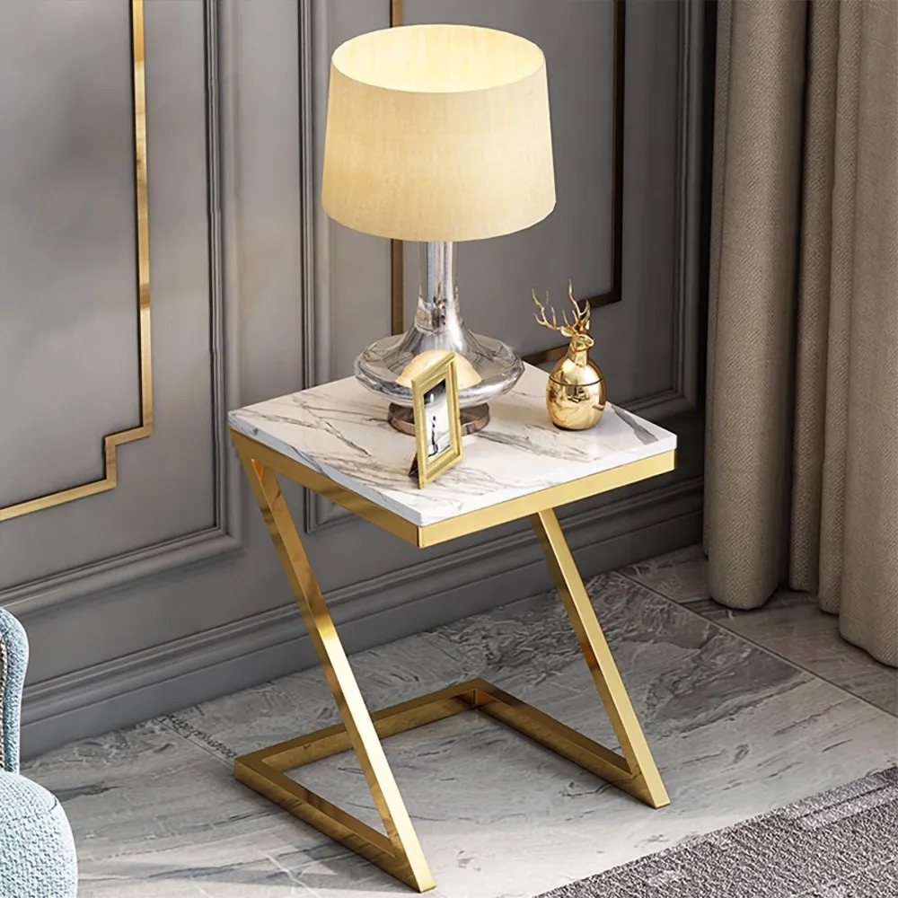 White Modern Z-Shaped End Table Marble Top Metal window image