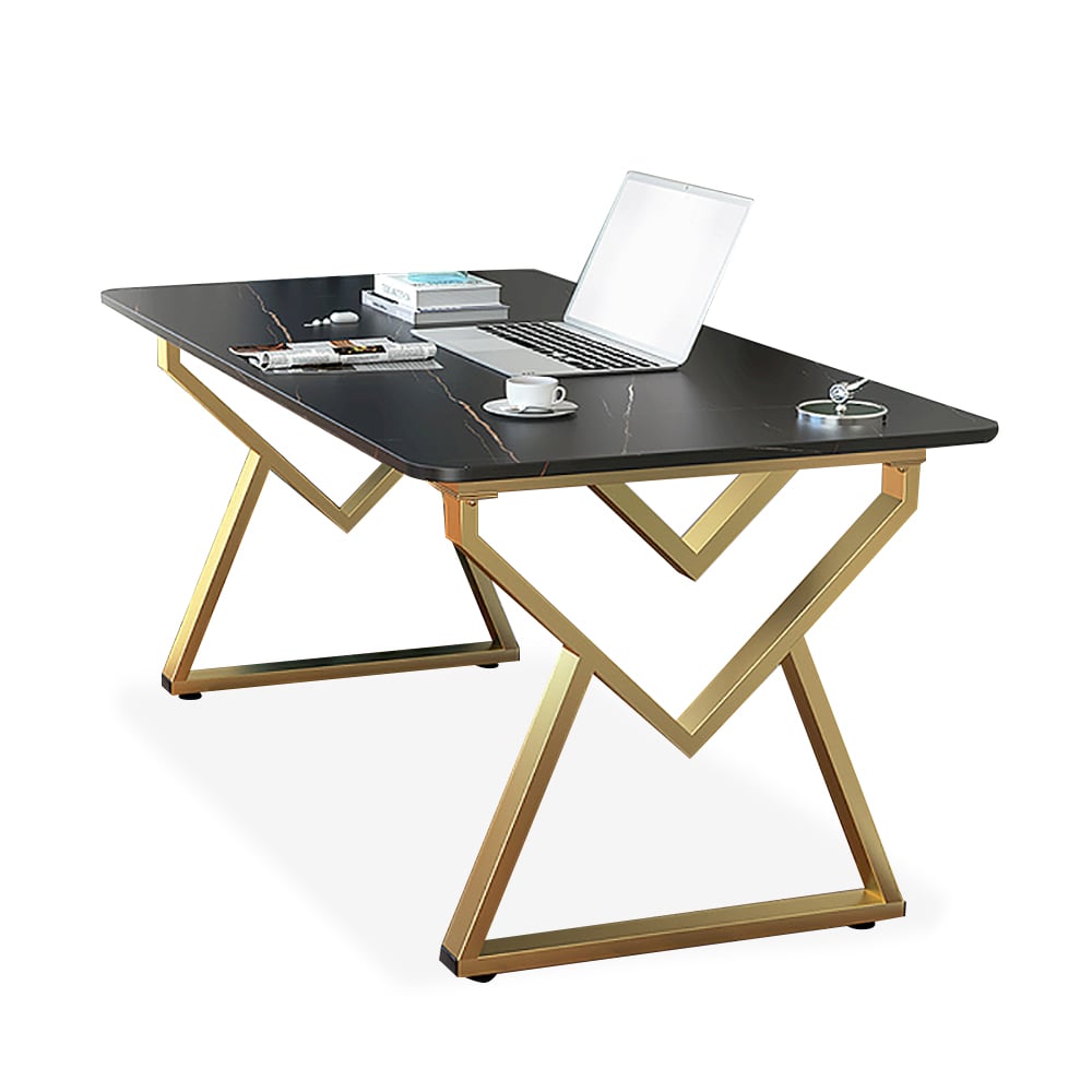 Modern Black Writing Desk Sintered Stone Top & Gold Metal Frame window image