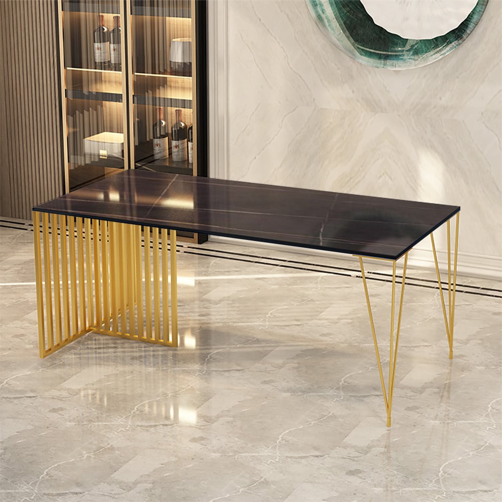 Mesa de comedor moderna de 55.1" con tapa de piedra sinterizada y marco de metal en negro Imagen de ventana