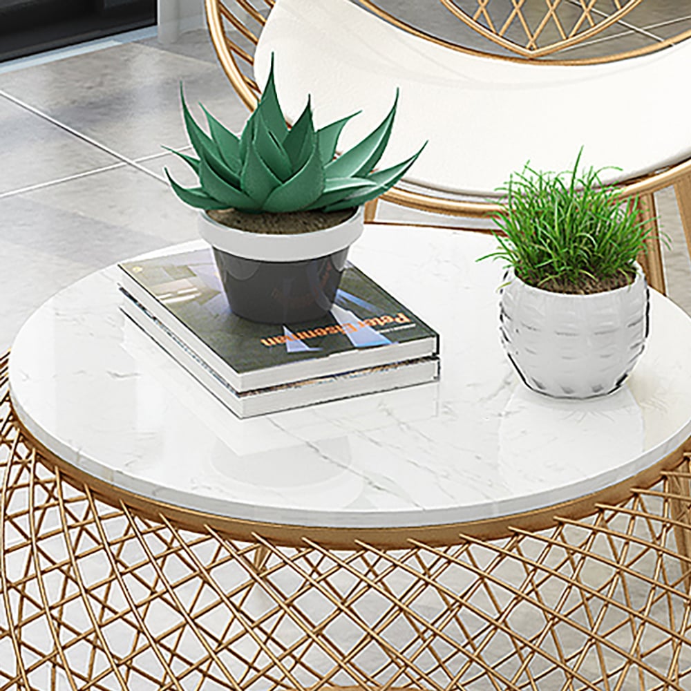 Modern White Round Coffee Table with Marble Top & Metal Base window image