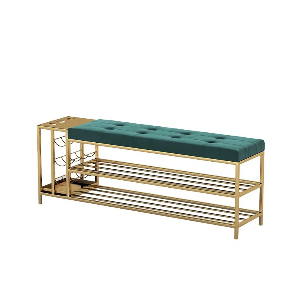 Entryway Foyer Shoe Storage Bench with Umbrella Stand Green Velvet Upholstery window image