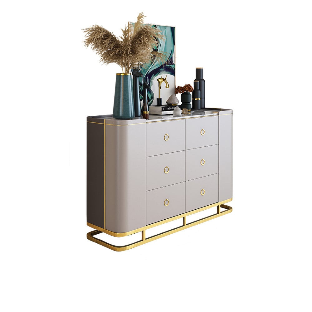 Modern Khaki Sideboard Buffet with Storage Faux Marble Top in Gold Finish window image