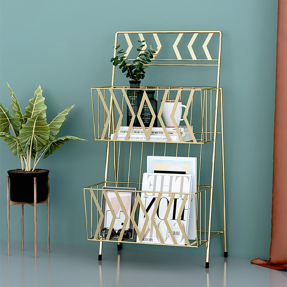 Gold 2-Tier Shelf Metal Magazine Rack window image