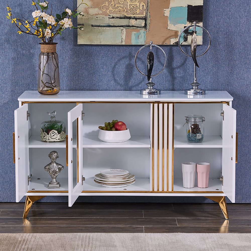 Contemporary White Sideboard Buffet Tempered Glass Top with Acrylic Doors & Shelves in Small window image